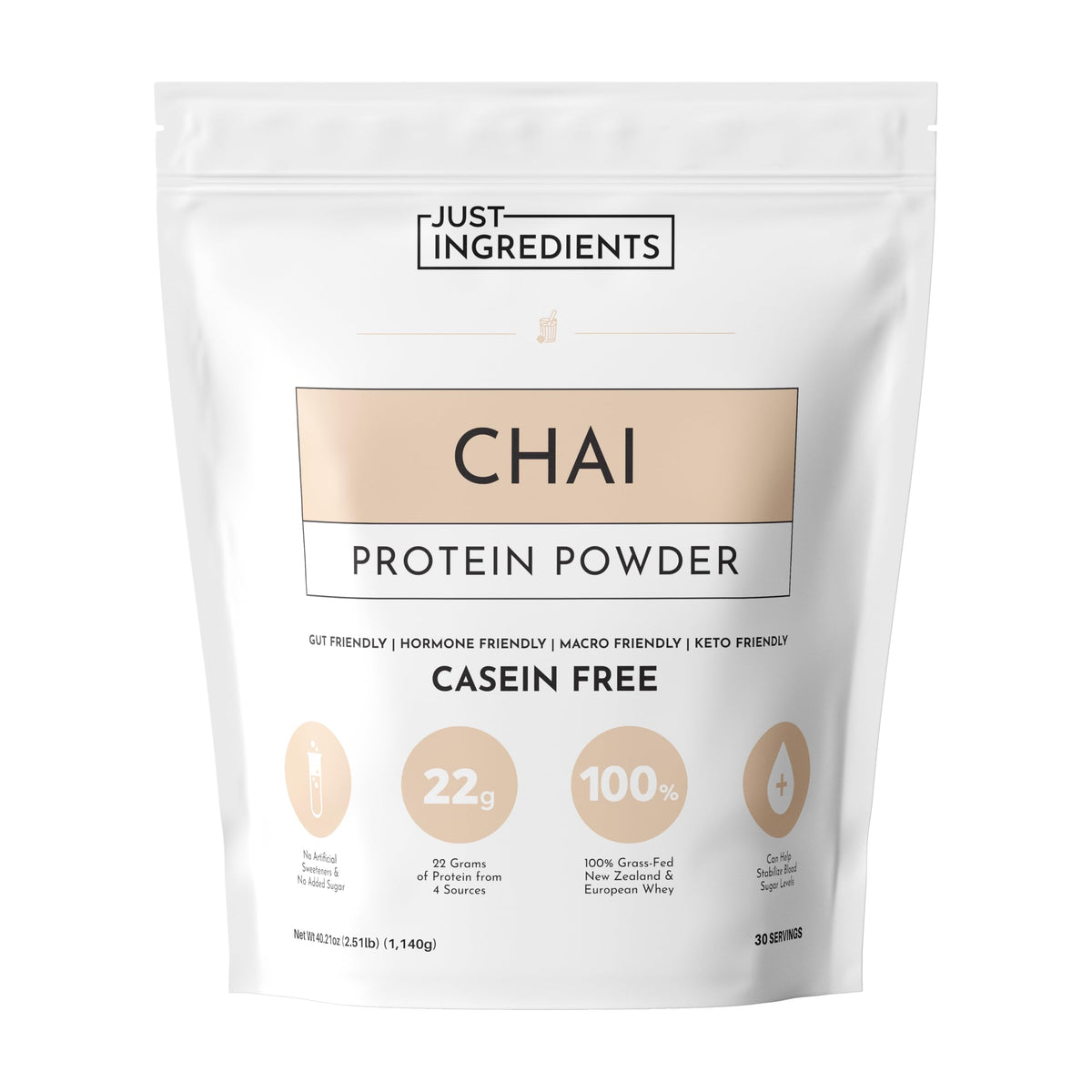 JUST INGREDIENTS Chai Protein Powder bottle showing premium blend for steady energy