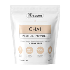 JUST INGREDIENTS Chai Protein Powder bottle showing premium blend for steady energy