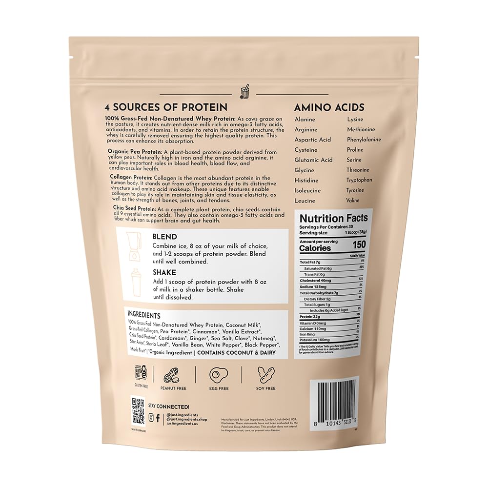 JUST INGREDIENTS Chai Protein Powder scoop beside powder for convenient serving