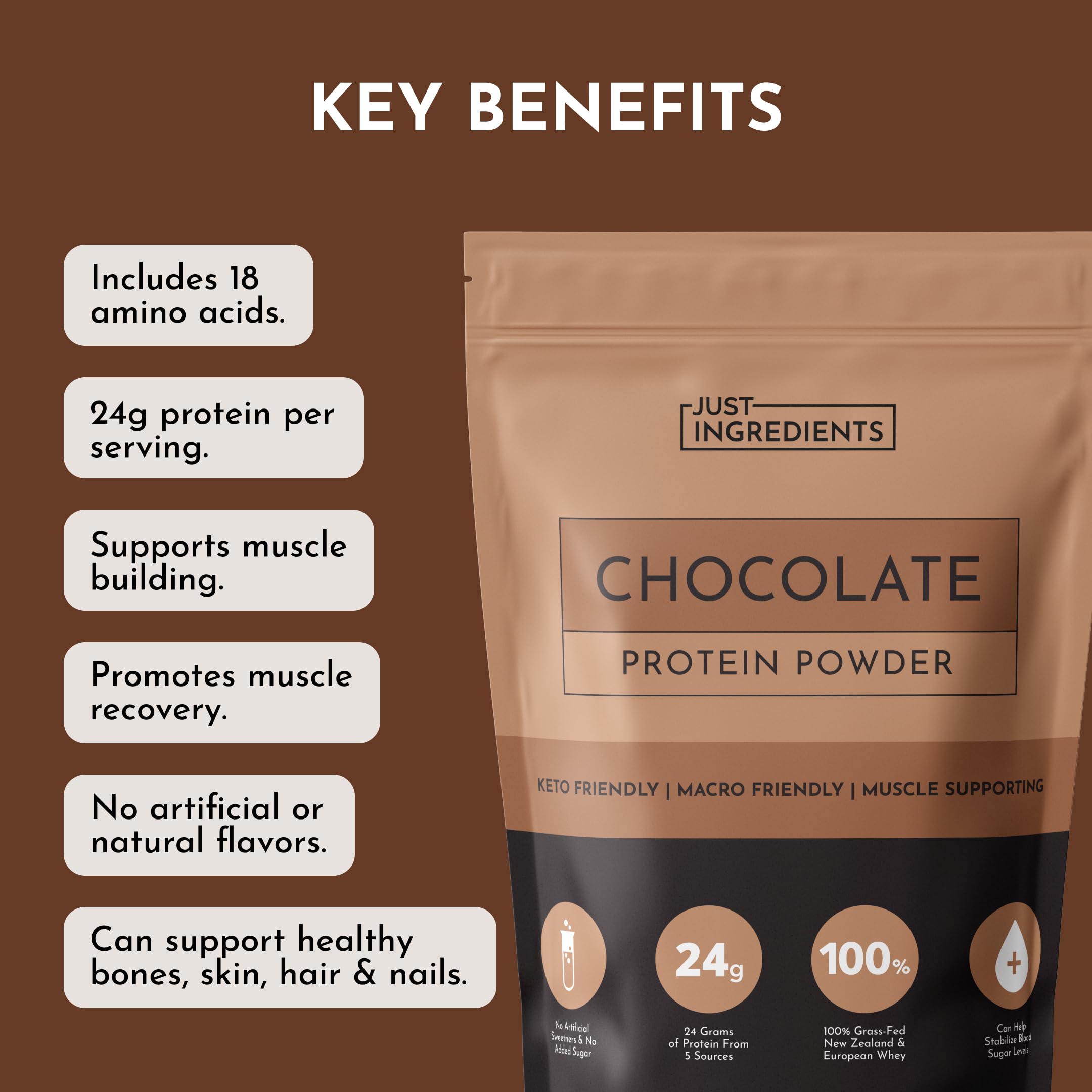 Just Ingredients open bag of chocolate protein powder for easy mixing