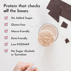 Just Ingredients baking cup next to chocolate protein powder for high-protein treats