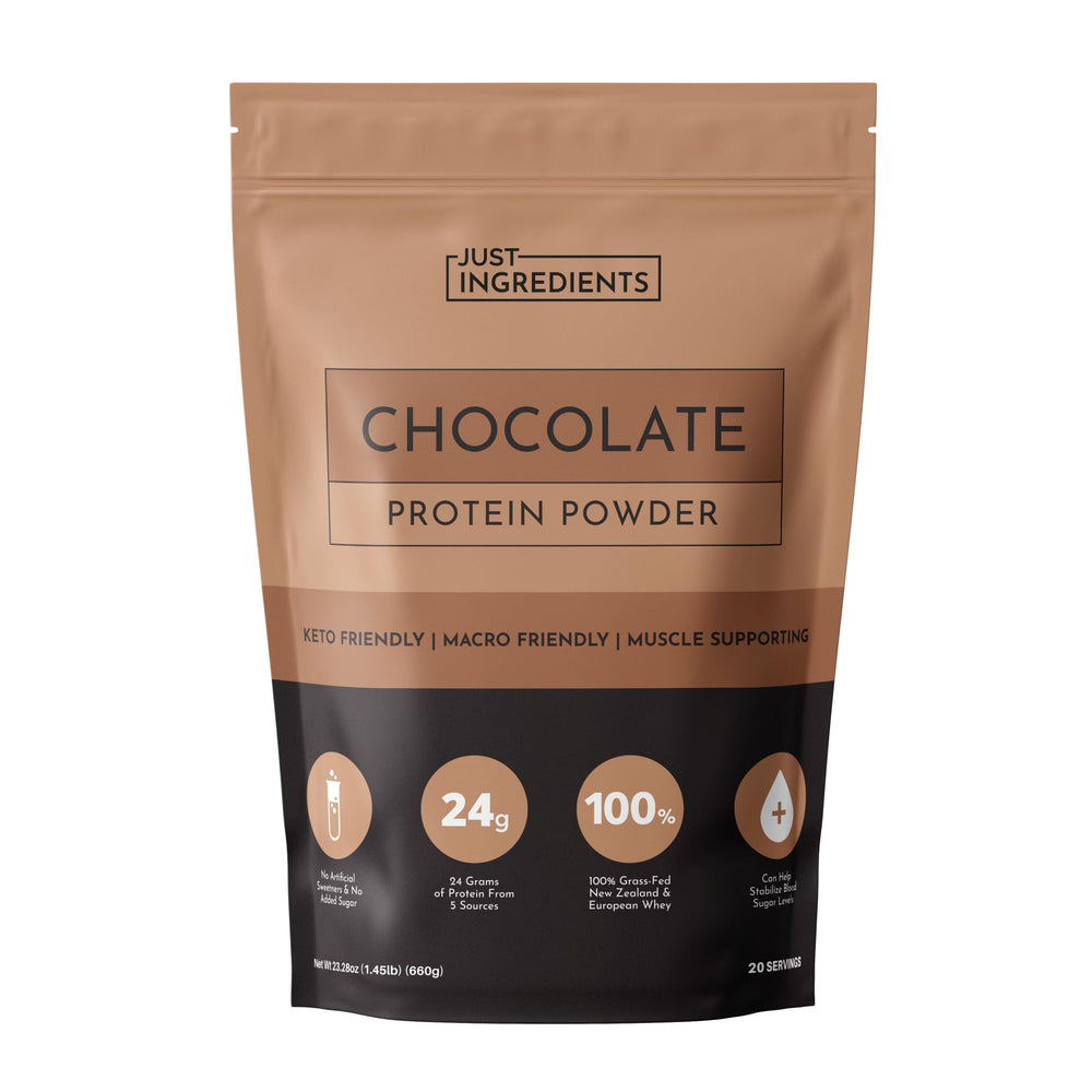 Just Ingredients chocolate protein powder bottle shows grass-fed whey for muscle support