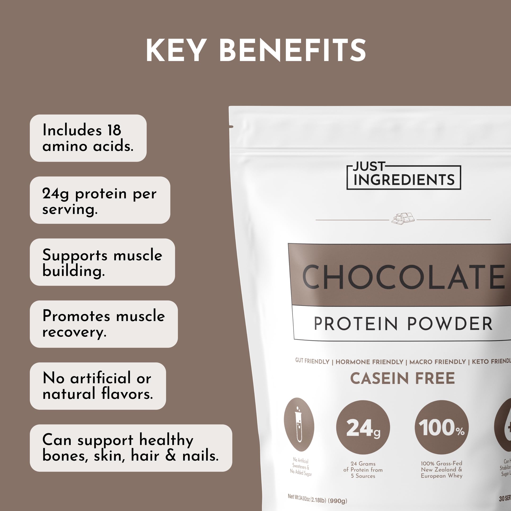 Just Ingredients Chocolate Protein Powder ingredients list highlights grass-fed whey and plant proteins