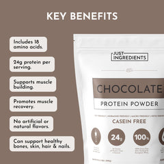 Just Ingredients Chocolate Protein Powder ingredients list highlights grass-fed whey and plant proteins