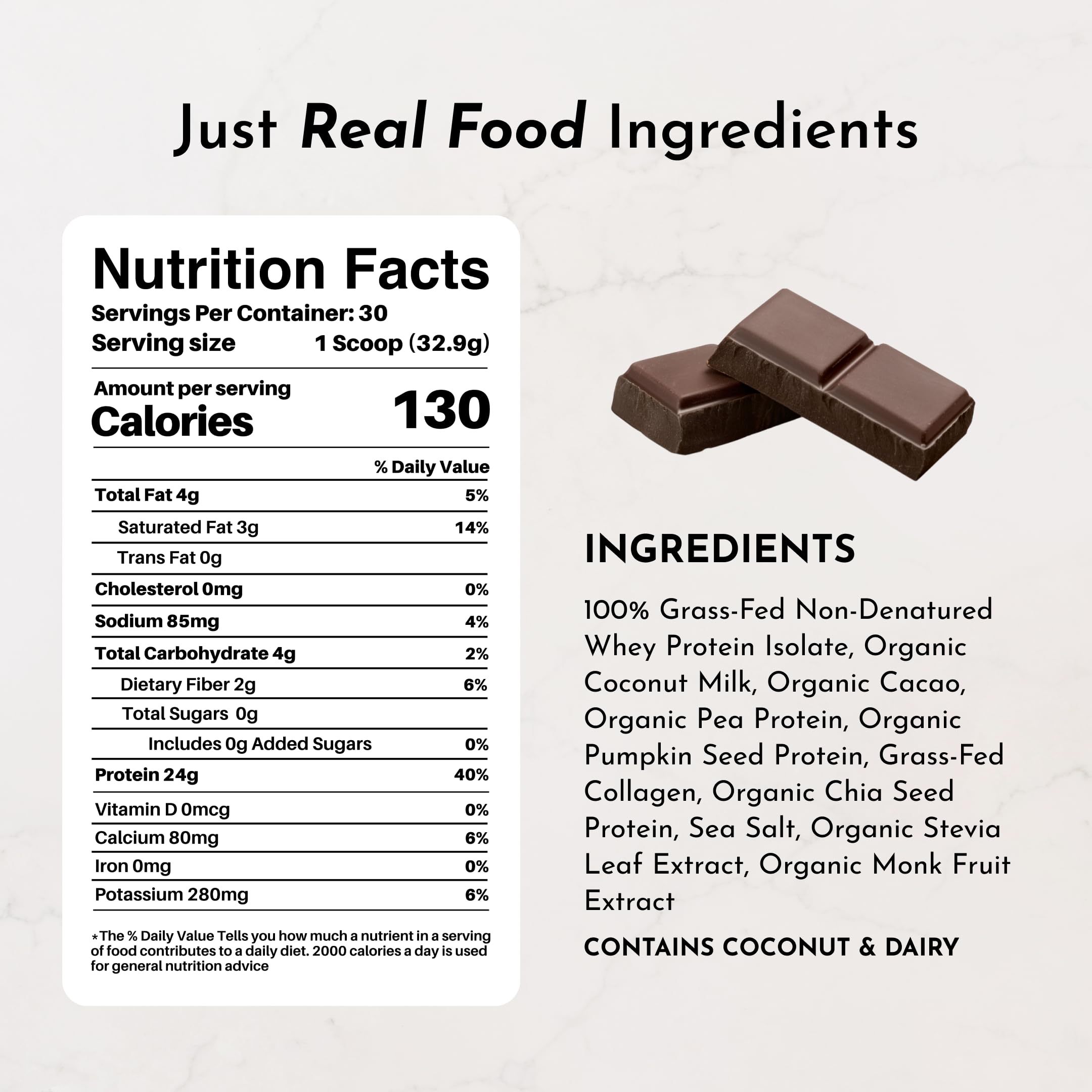 Just Ingredients Chocolate Protein Powder label highlights transparent ingredients