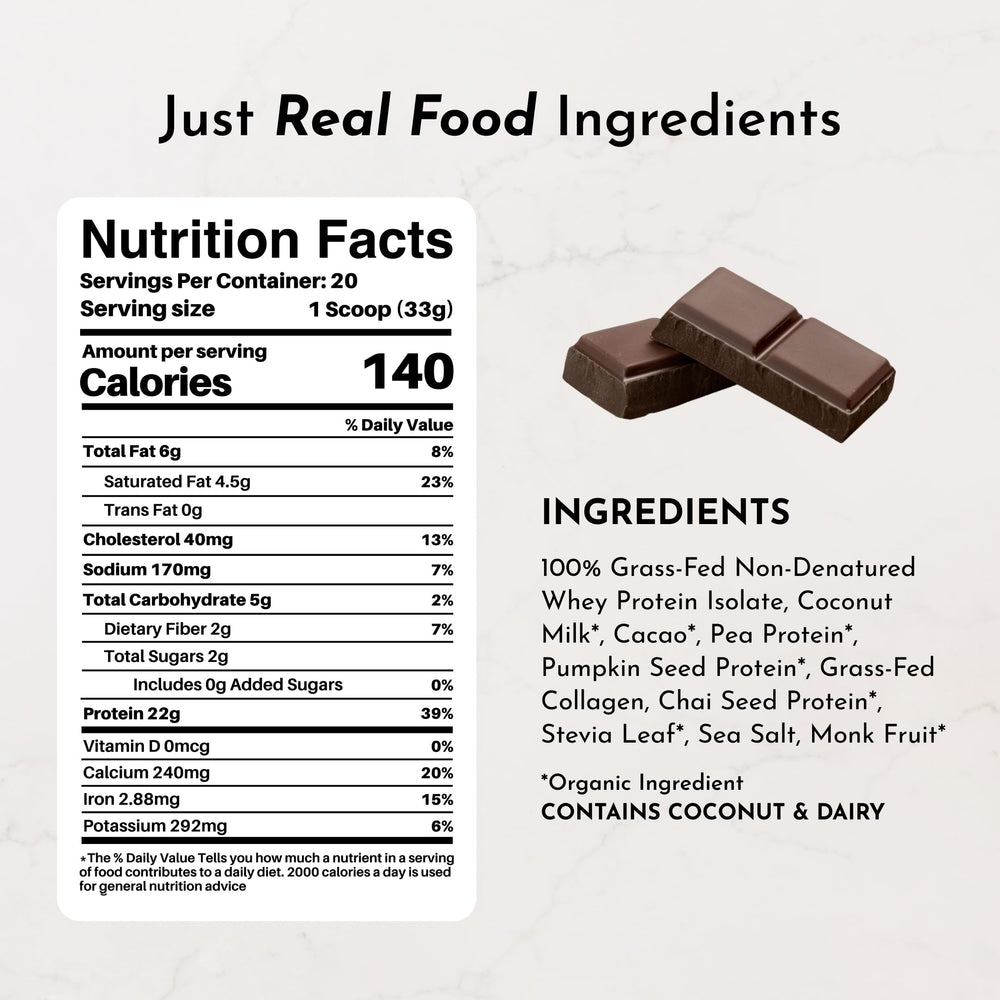 Just Ingredients chocolate protein powder scoop ready for quick shakes and energy