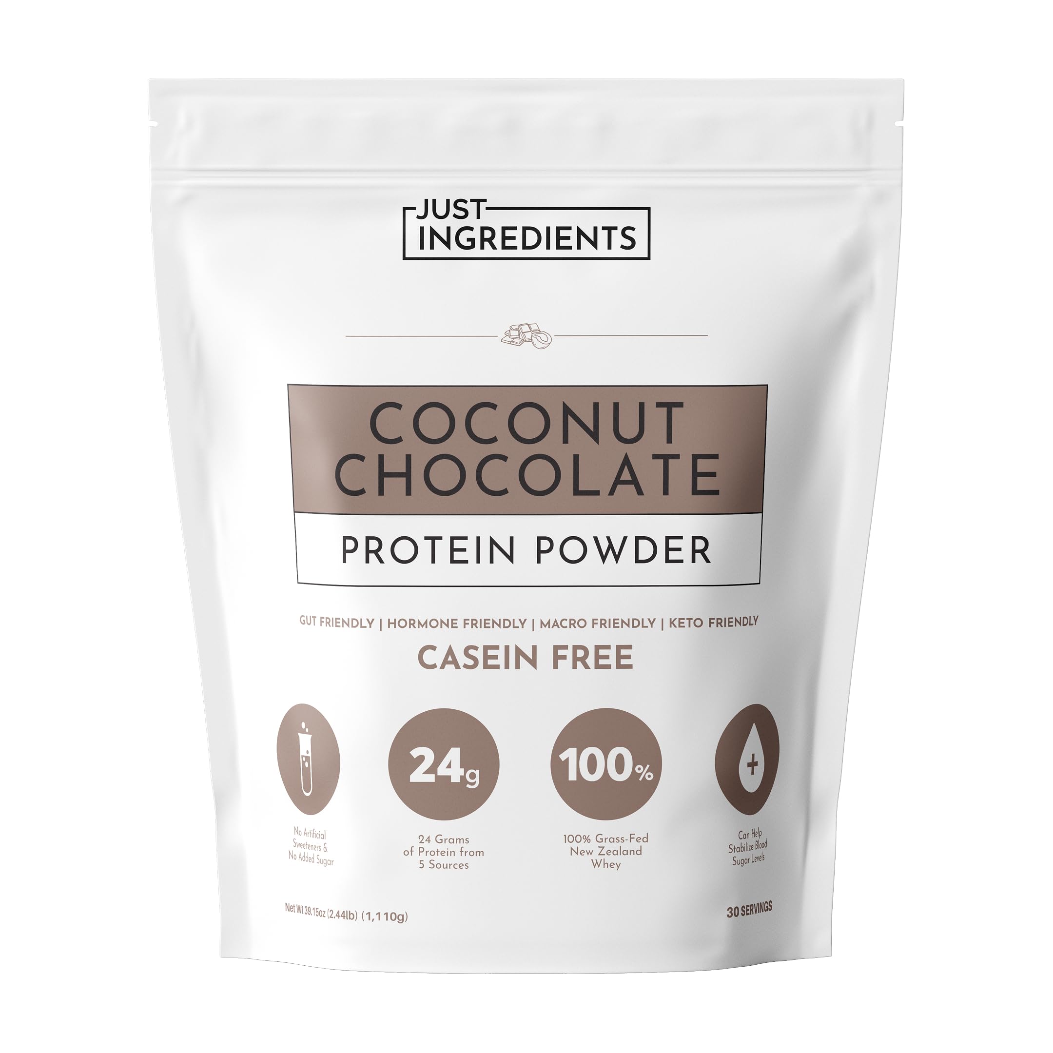 JUST INGREDIENTS Coconut Chocolate Protein Powder bottle showing creamy coconut flavor for post-workout fueling