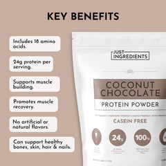 JUST INGREDIENTS Coconut Chocolate Protein Powder label close-up confirms third-party tested quality