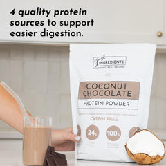 JUST INGREDIENTS Coconut Chocolate Protein Powder scoop highlights complete amino acid blend for versatile recovery ideas