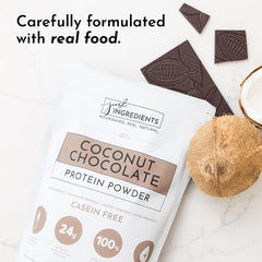 JUST INGREDIENTS Coconut Chocolate Protein Powder shaker mixes with tropical drink for convenient fitness fueling