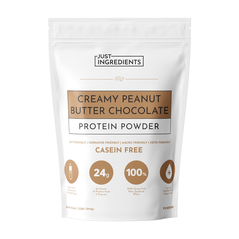 JUST INGREDIENTS creamy peanut butter chocolate protein powder bottle for shakes