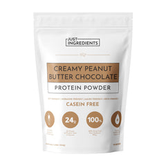 JUST INGREDIENTS creamy peanut butter chocolate protein powder bottle for shakes