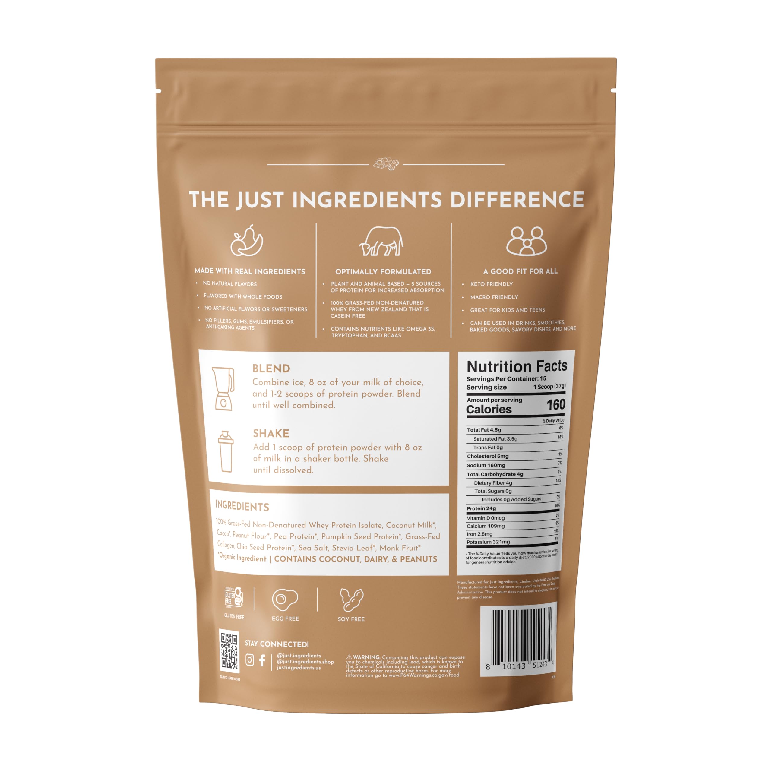 JUST INGREDIENTS creamy peanut butter chocolate protein powder pour showing smooth texture for baking