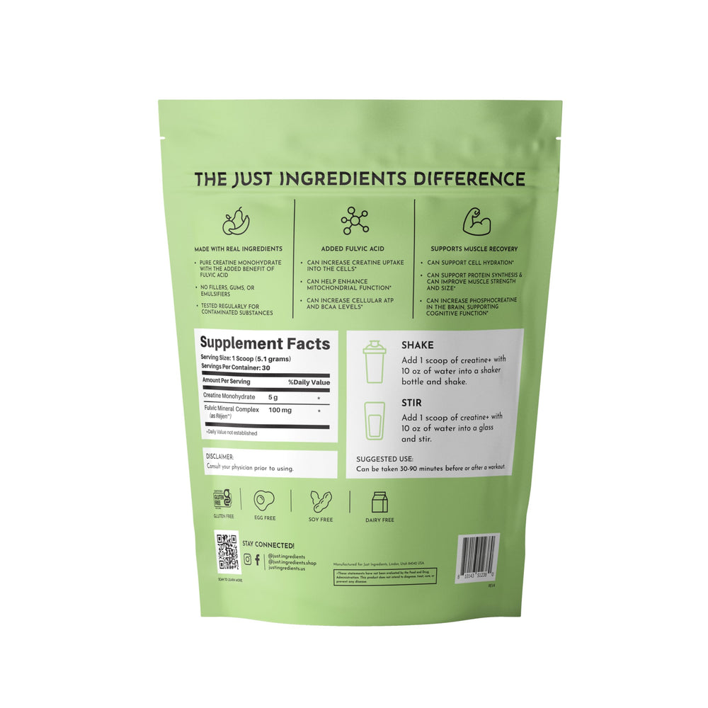 Just Ingredients Creatine Monohydrate powder dissolves easily in water for smooth mixing.