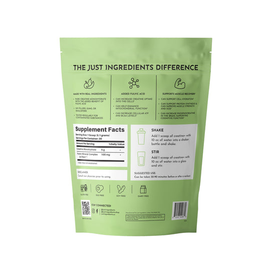 Just Ingredients Creatine Monohydrate powder dissolves easily in water for smooth mixing.