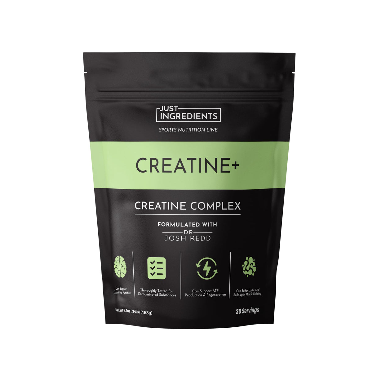 Just Ingredients Creatine Monohydrate powder scoop for precise daily dosing and energy during workouts.