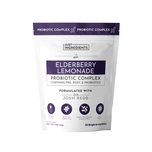 JUST INGREDIENTS Elderberry Lemonade 3-in-1 stick pack for on-the-go gut and immune support.