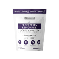 JUST INGREDIENTS Elderberry Lemonade 3-in-1 stick pack for on-the-go gut and immune support.