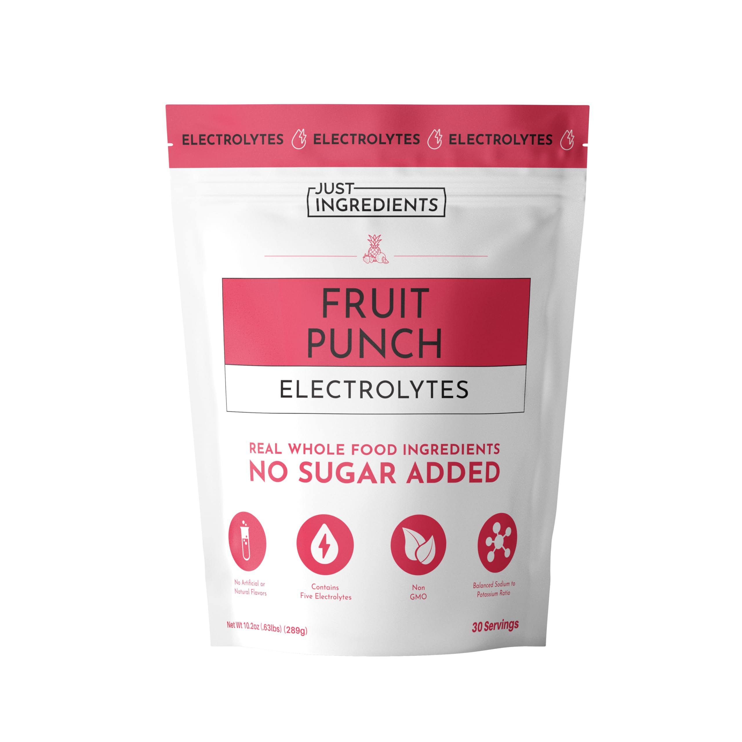 Just Ingredients Fruit Punch Electrolytes front label showing product branding and flavor.