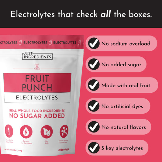 Just Ingredients Fruit Punch Electrolytes being poured for hydration and flavor.