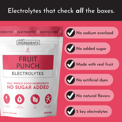 Just Ingredients Fruit Punch Electrolytes being poured for hydration and flavor.