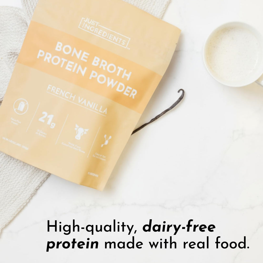 JUST INGREDIENTS glass shake with JUST INGREDIENTS bone broth protein powder