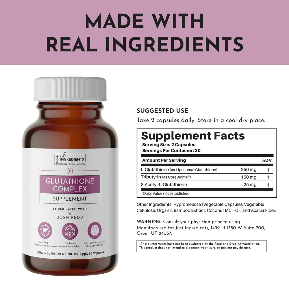JUST INGREDIENTS Glutathione Complex capsules in a row for daily routine