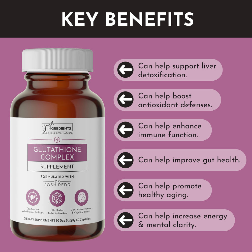 JUST INGREDIENTS Glutathione Complex packaging scene conveys clean non-GMO quality