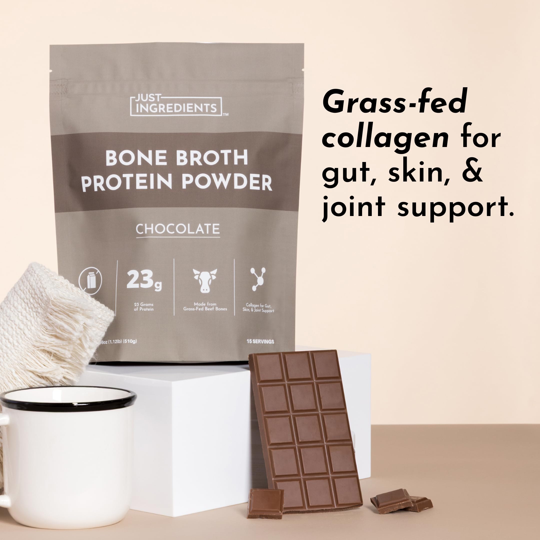 Just Ingredients Grass-fed beef bones close-up highlighting high-quality collagen