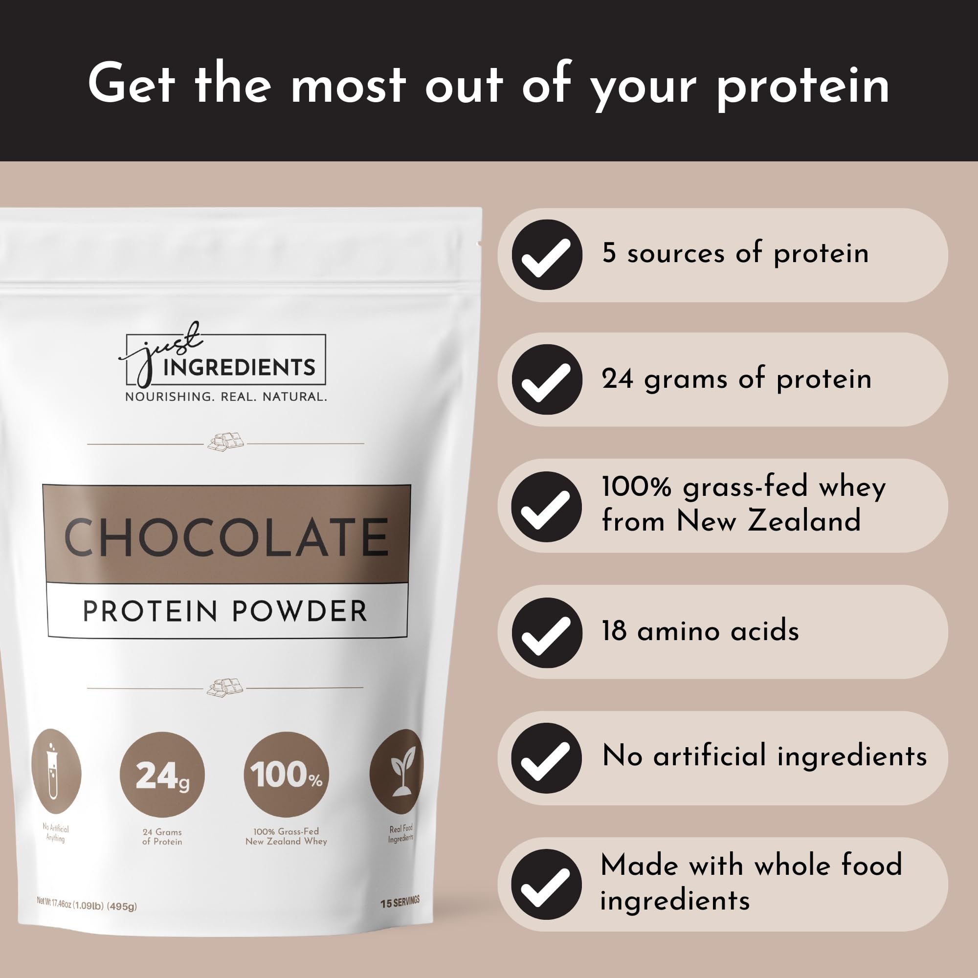Pouring JUST INGREDIENTS grass-fed whey protein powder into a shaker