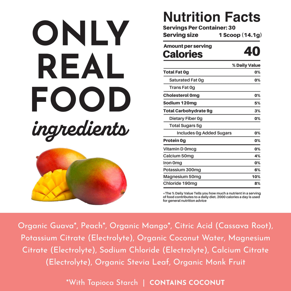 Just Ingredients Guava Mango label close-up showing clean ingredients.