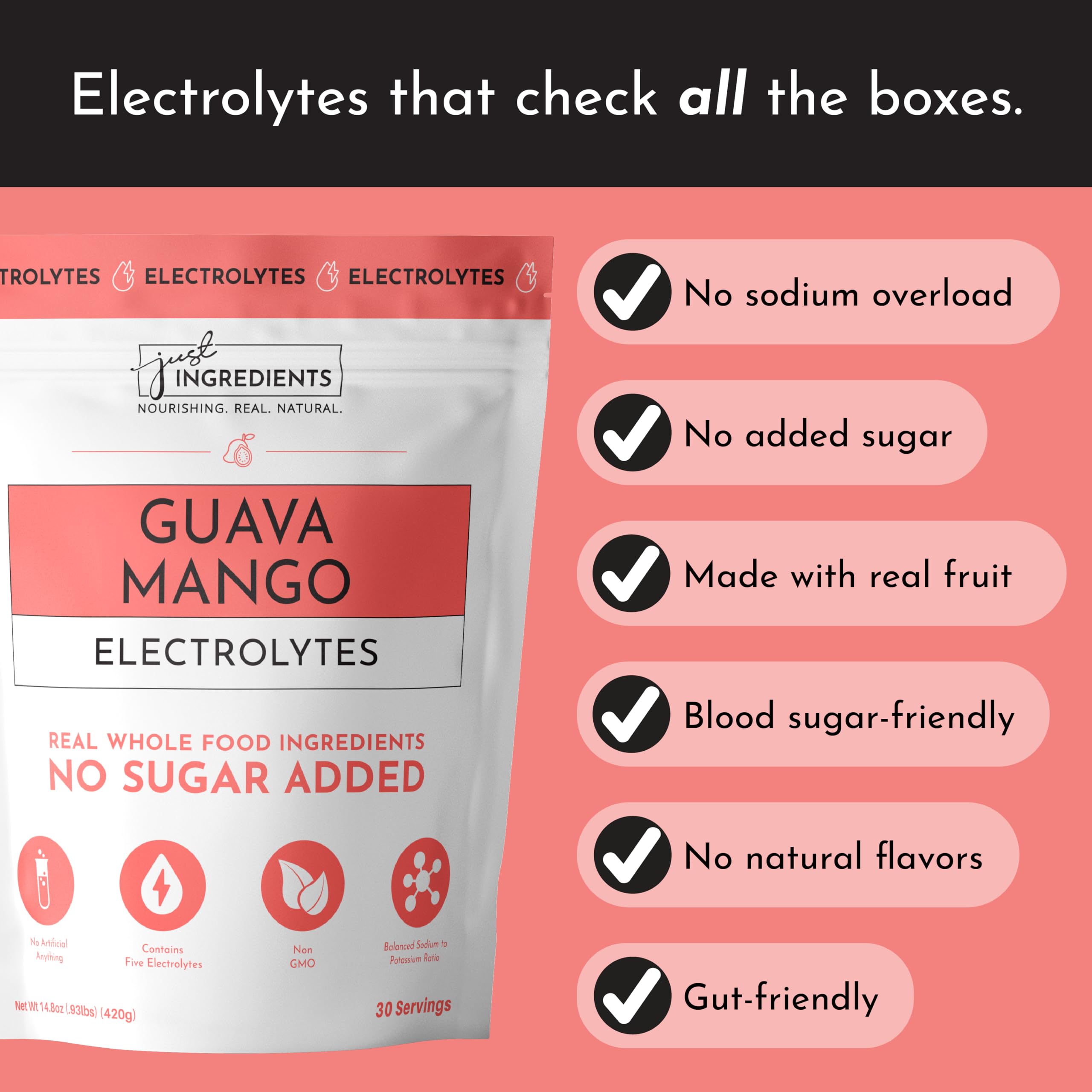 Just Ingredients Guava Mango packets, convenient on-the-go hydration sachets.