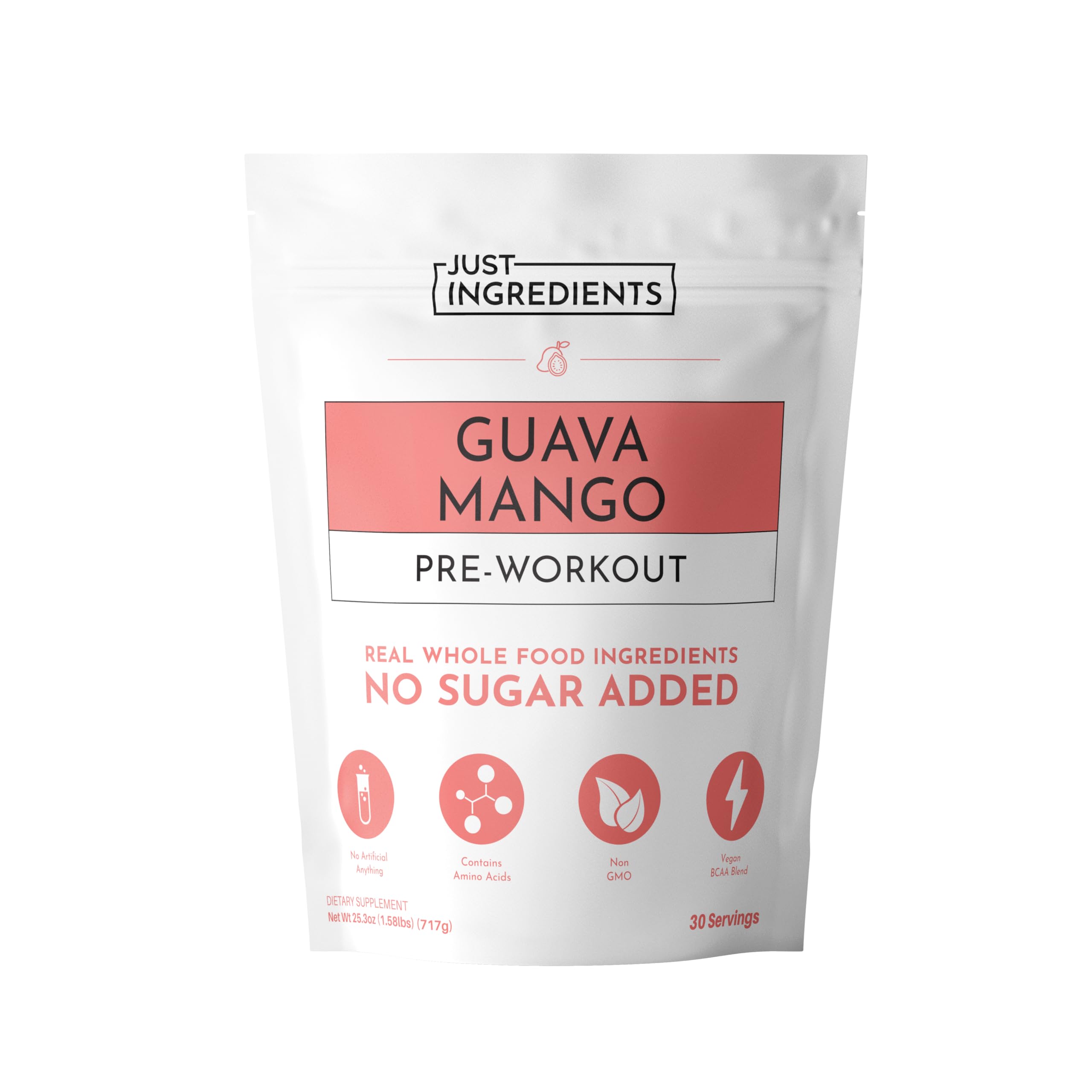 Just Ingredients Guava Mango pre-workout bottle ready for tropical energy workouts