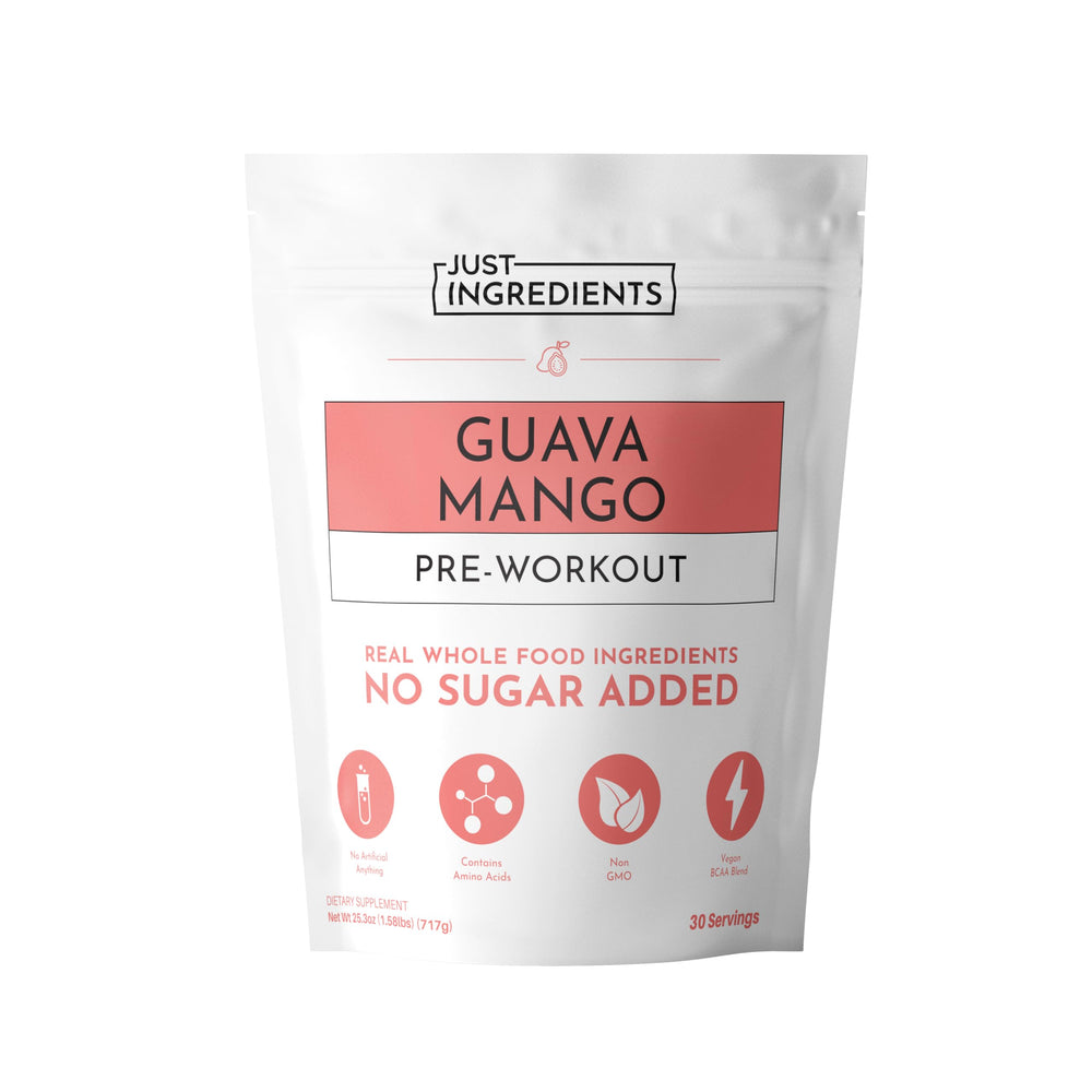 Just Ingredients Guava Mango pre-workout bottle ready for tropical energy workouts