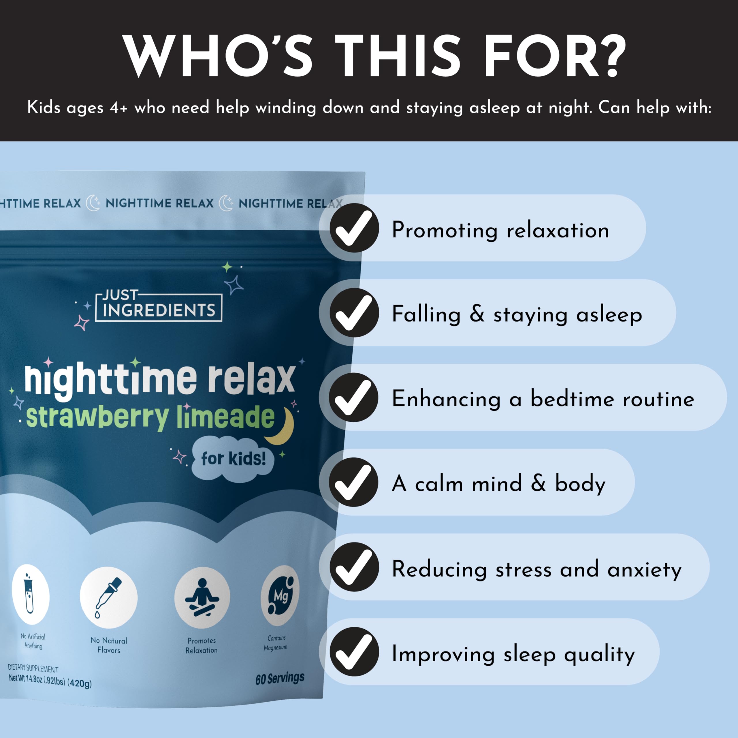 JUST INGREDIENTS Kids Nighttime Relax Drink Mix scoop illustrating quick, simple sleep-supporting preparation