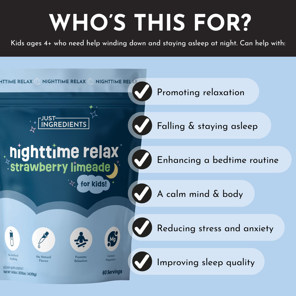 JUST INGREDIENTS Kids Nighttime Relax Drink Mix scoop illustrating quick, simple sleep-supporting preparation
