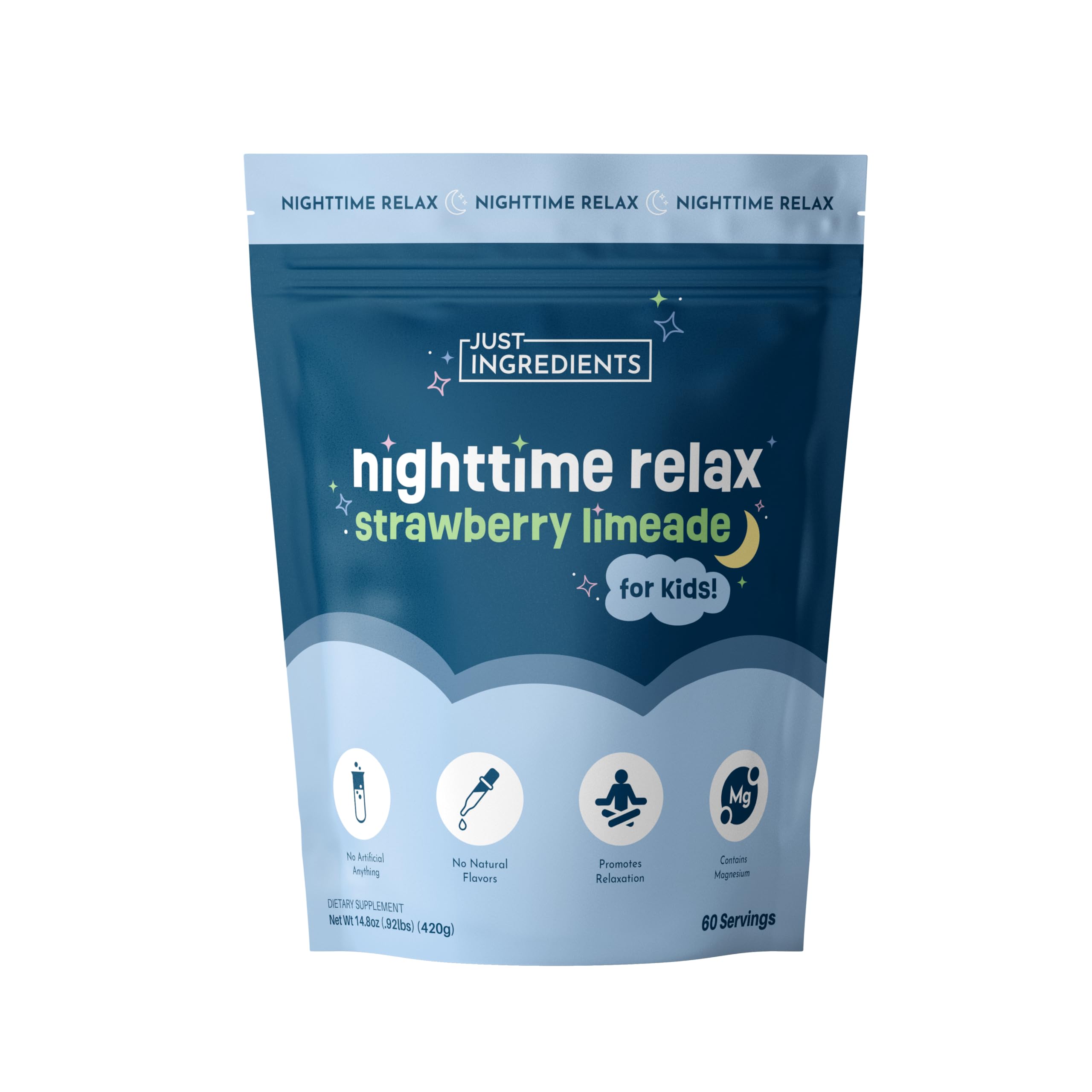 JUST INGREDIENTS Kids Nighttime Relax Drink Mix strawberry limeade bottle showing calming bedtime ritual