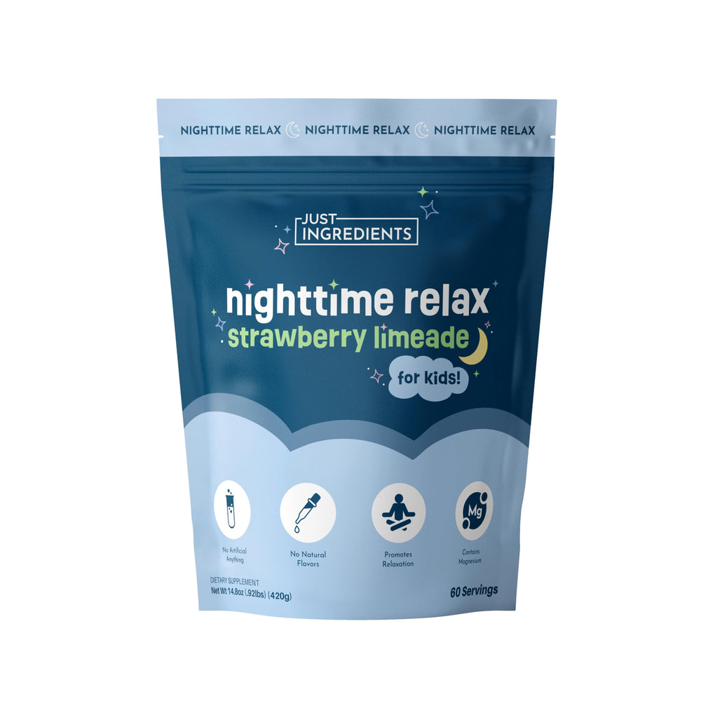 JUST INGREDIENTS Kids Nighttime Relax Drink Mix strawberry limeade bottle showing calming bedtime ritual