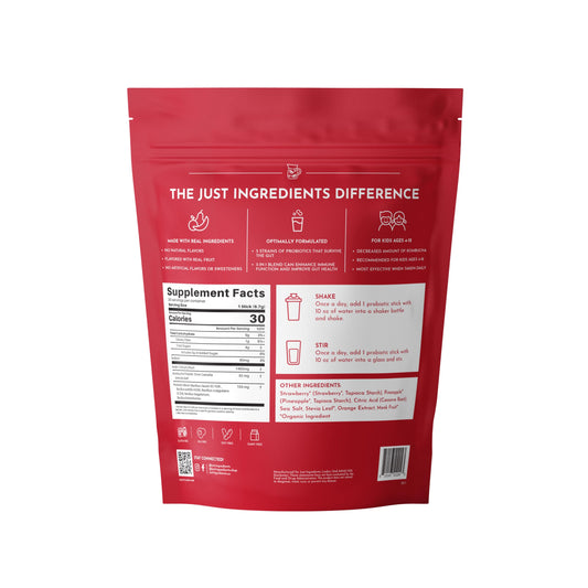 JUST INGREDIENTS Kids Probiotic fruit punch powder dissolves easily in water for quick enjoyment.