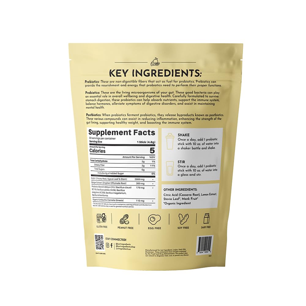 JUST INGREDIENTS Lemon Ginger Probiotic Complex stick dissolving in water demonstrates convenient daily use.