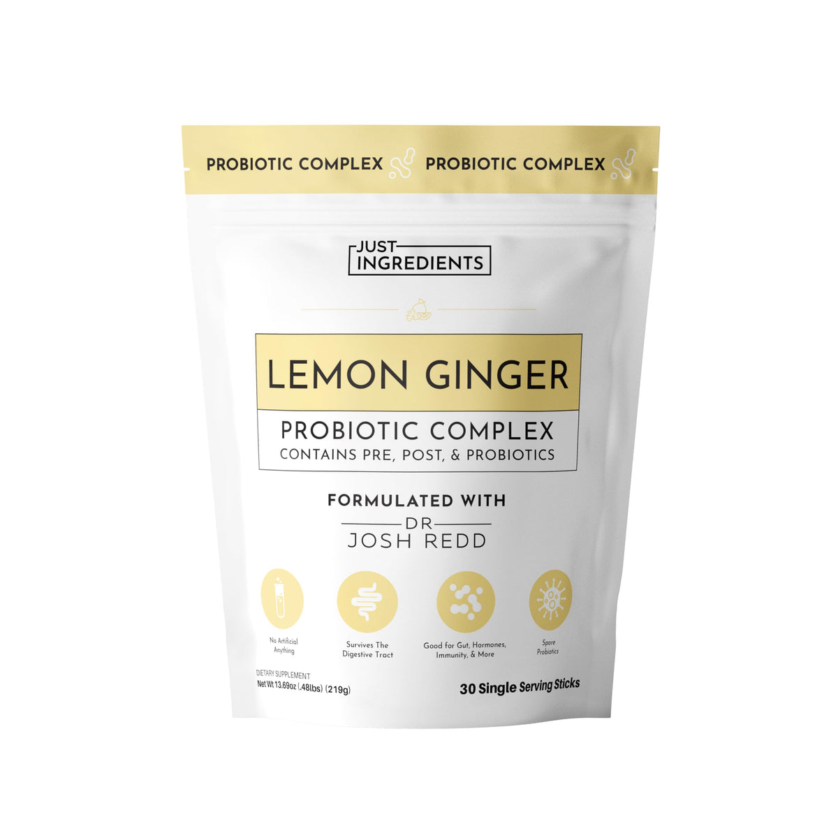 JUST INGREDIENTS Lemon Ginger Probiotic Complex packaging showcases on-the-go gut support.
