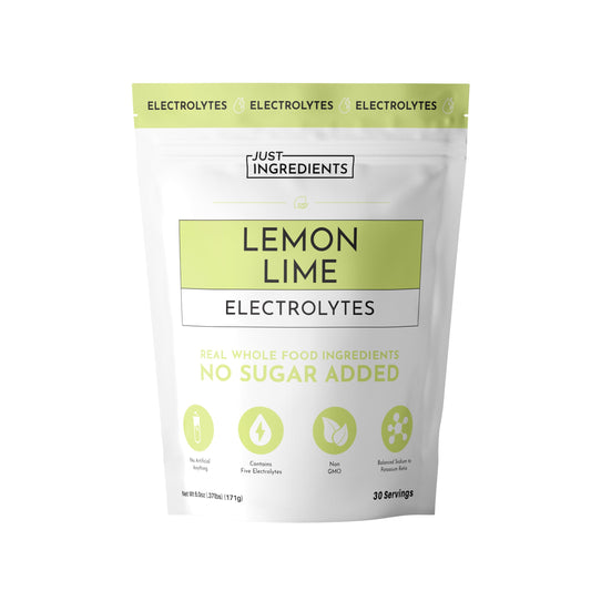 Just Ingredients Lemon Lime Electrolytes bag front for clean hydration.