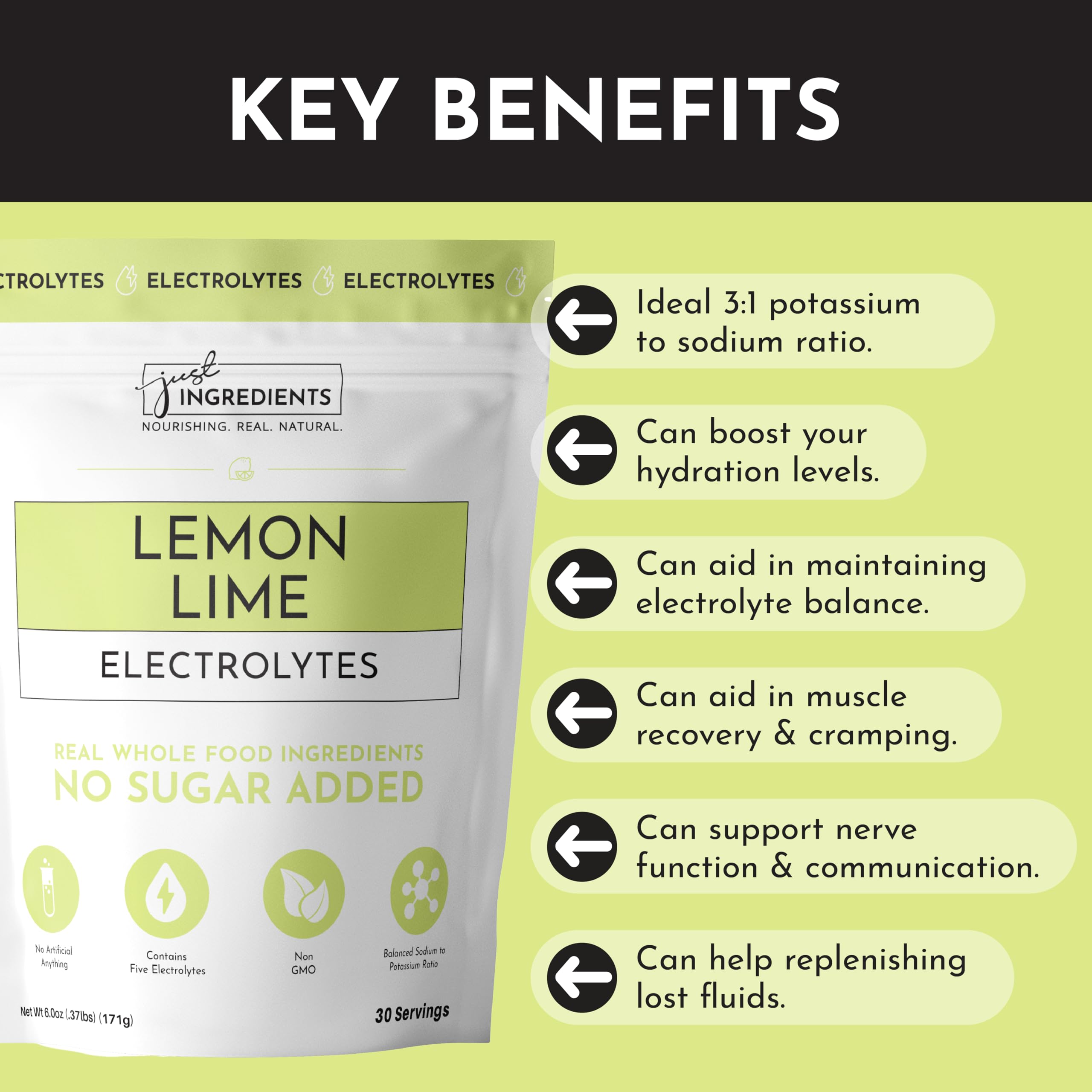 Just Ingredients Lemon Lime Electrolytes stirred in a glass for refreshing hydration.