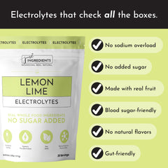 Just Ingredients Lemon Lime Electrolytes ingredient visuals show coconut water and sea salt for electrolyte support.