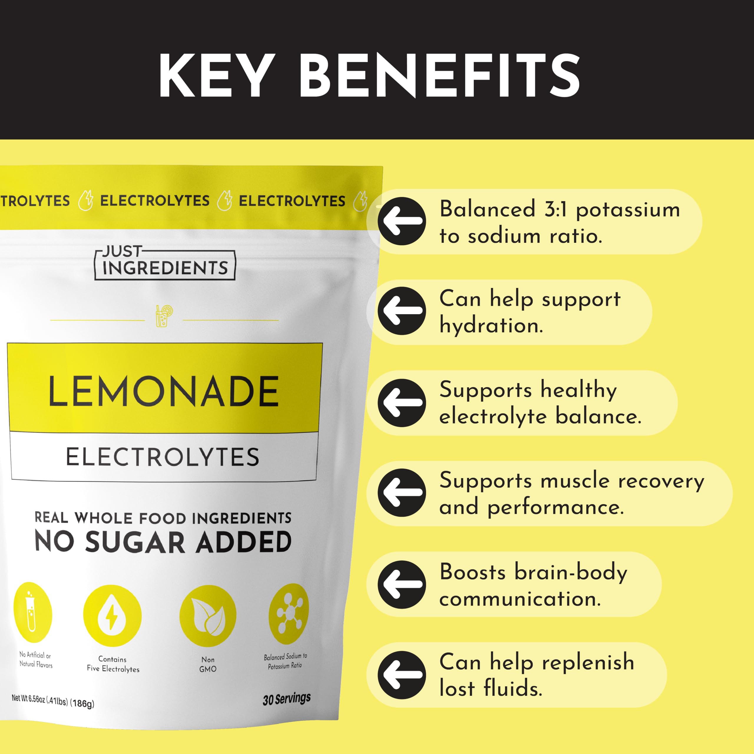 JUST INGREDIENTS Lemonade Electrolytes on-the-go bottle demonstrates convenient hydration anywhere.