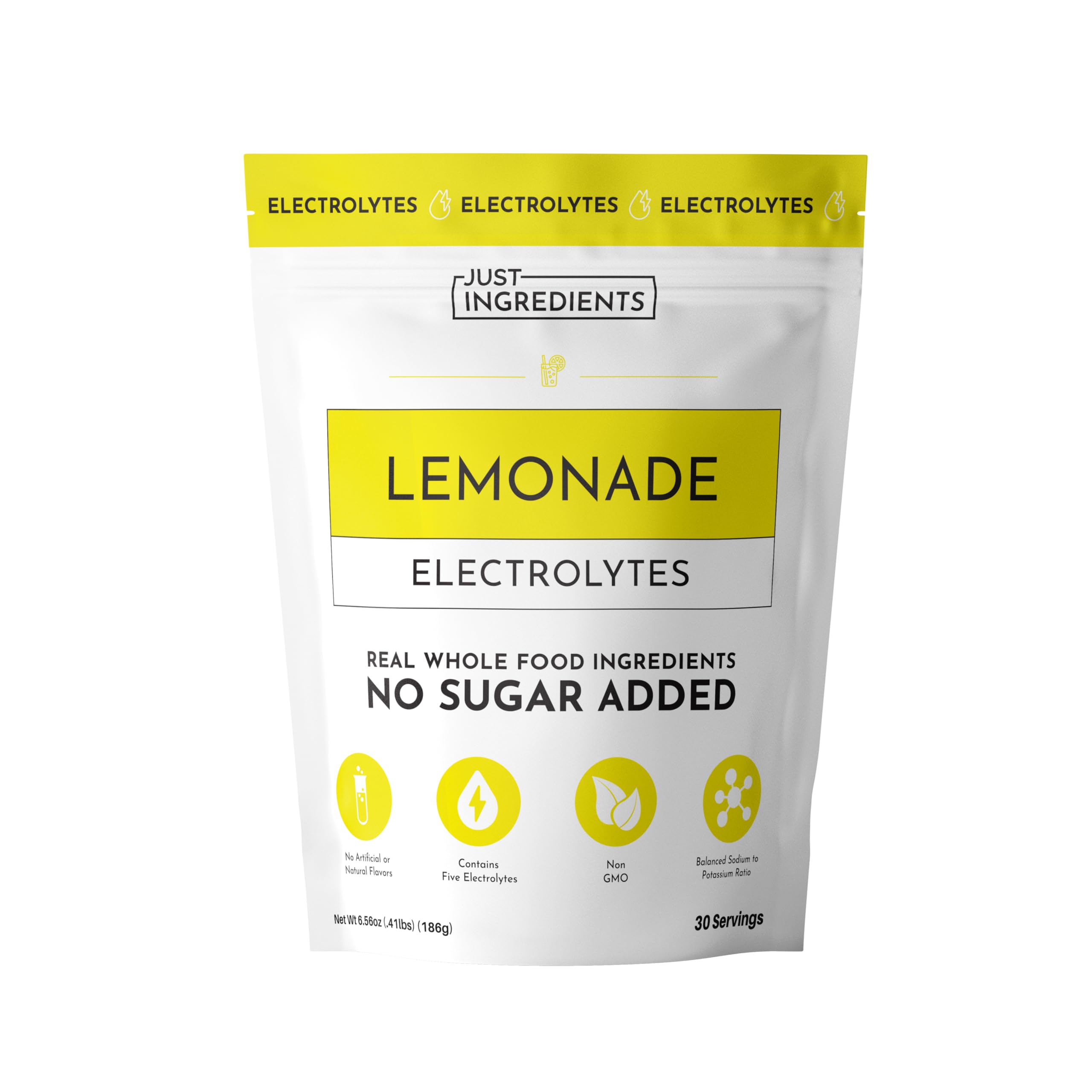 JUST INGREDIENTS Lemonade Electrolytes powder dissolving in water for quick hydration.