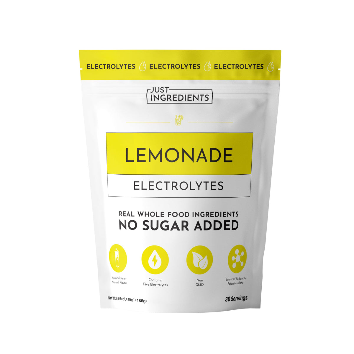 JUST INGREDIENTS Lemonade Electrolytes powder dissolving in water for quick hydration.