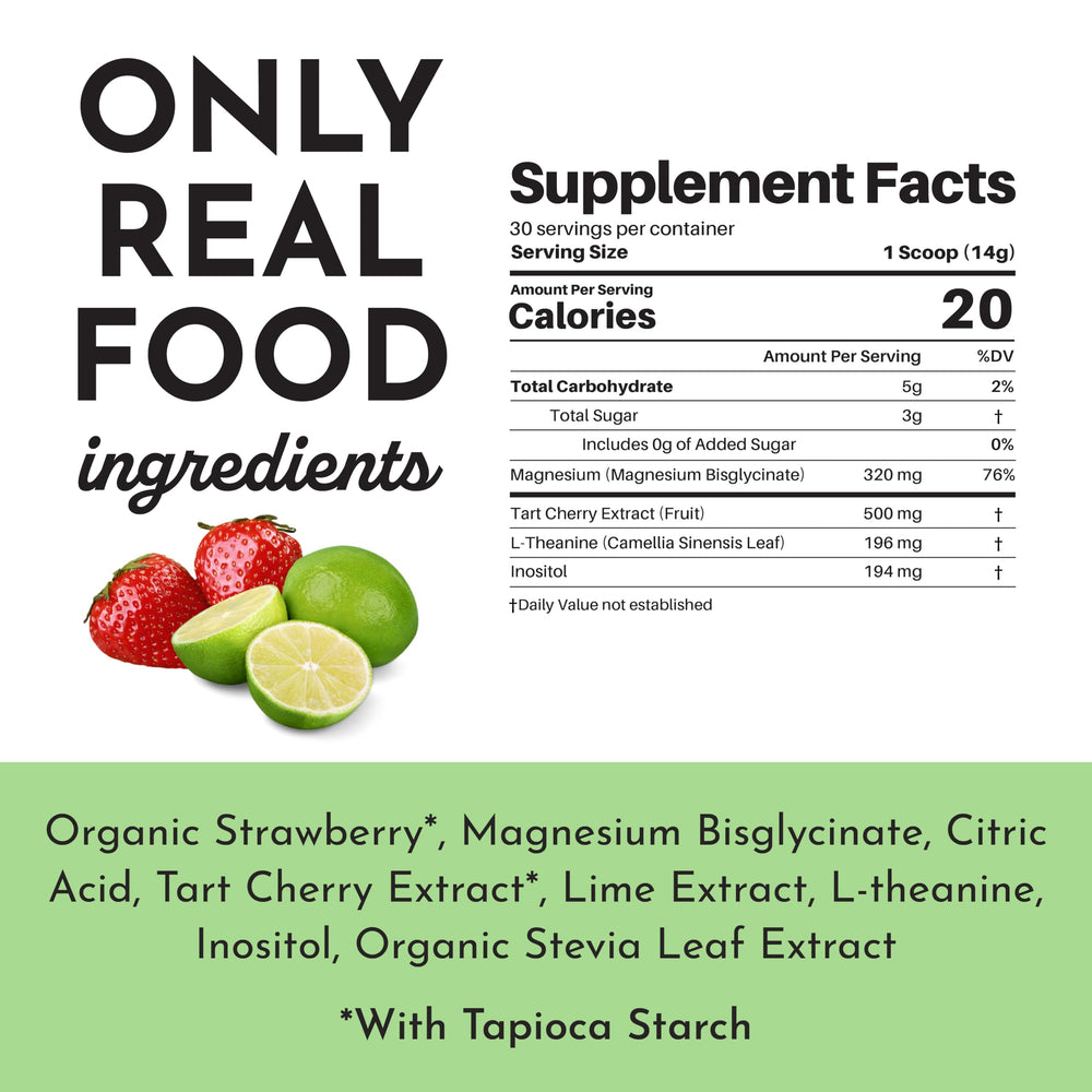 JUST INGREDIENTS Magnesium bisglycinate ingredient card showing evening calm benefits