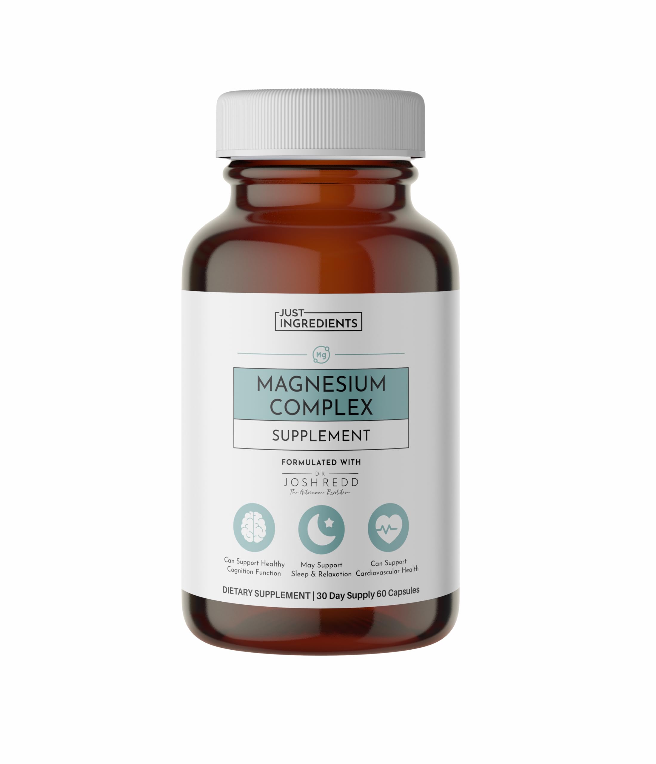 Just Ingredients Magnesium Complex bottle showing five bioavailable forms for relaxation.