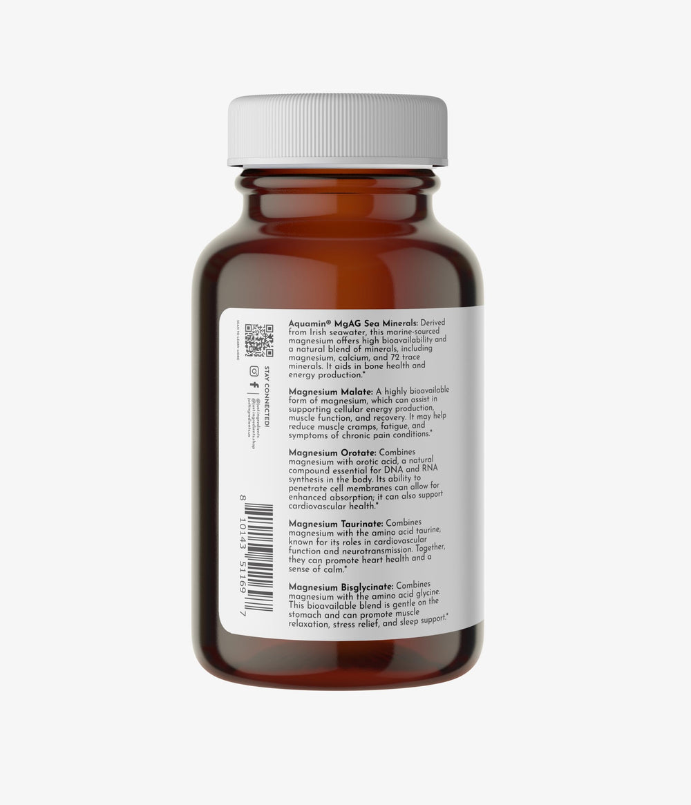 Just Ingredients magnesium capsules closeup highlighting mood and sleep support.